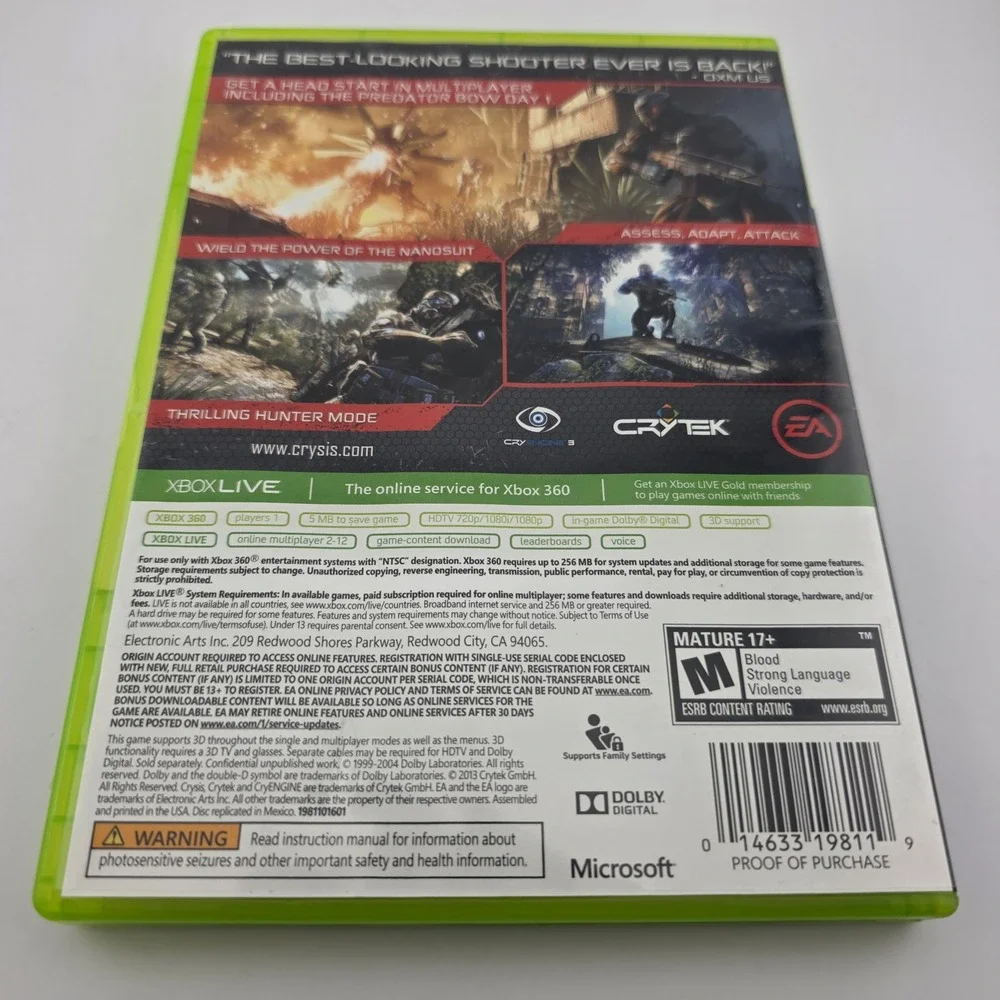 Crysis 3 Hunter Edition Xbox 360 Game Green Manual Not included Action Adventure